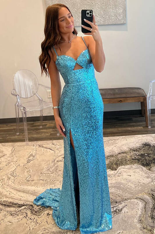 Sparkly Long Mermaid Sequin Prom Dresses For Women Cut Out Spaghetti Strap Formal Evening Party Gowns With Split