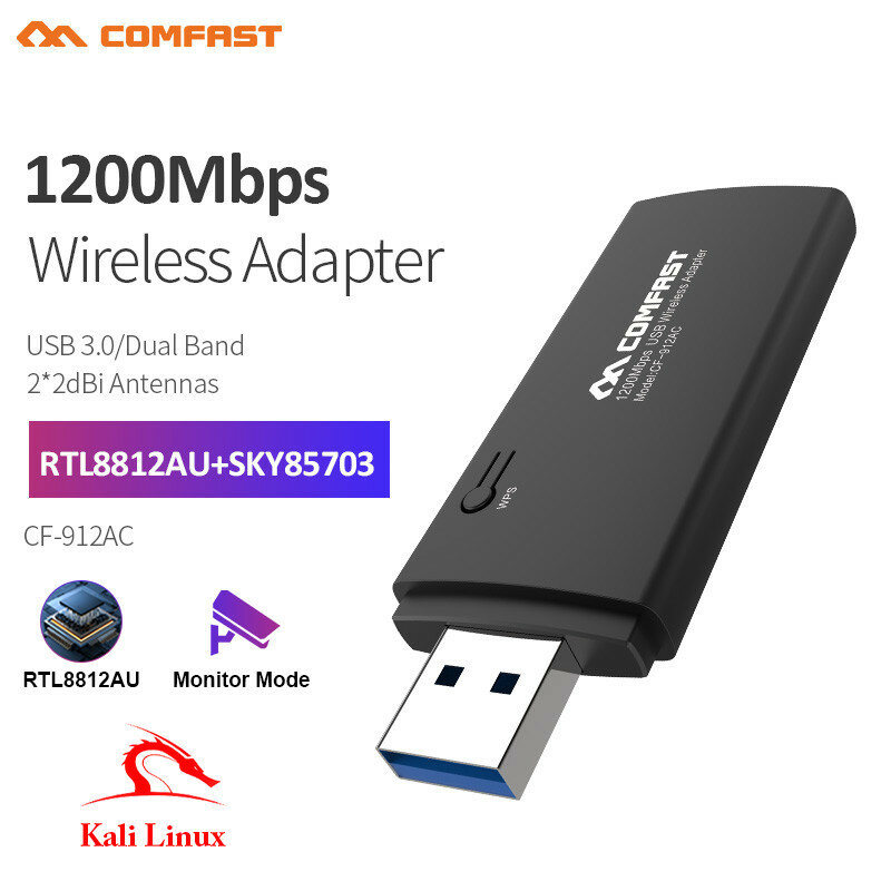 Comfast-adaptador inalámbrico de 1200Mbps, dispositivo con USB 3,0, RTL8812AU, 2,4G y 5G, 802.11ac, antena WiFi, tarjeta de red, Kali, Linux, Monitor WPS