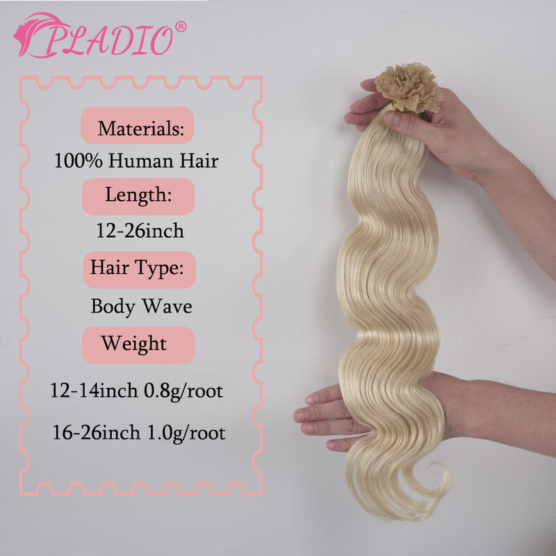PLADIO ekstensi rambut ujung datar gelombang tubuh 100% rambut manusia asli 12-26 inci ekstensi rambut Keratin pra-berikat untuk persediaan Salon