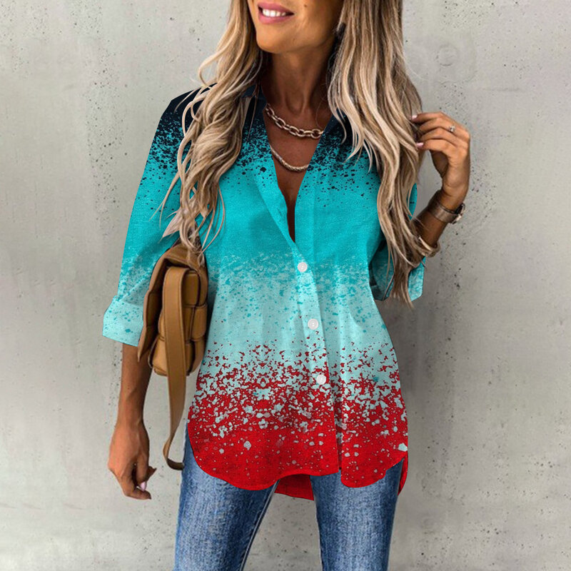 Fashion Office Lady Button Up Down Shirts Spring Long Sleeve Gradient Blouse Tops Vintage Polo Collar Shirts Clothes For Girls