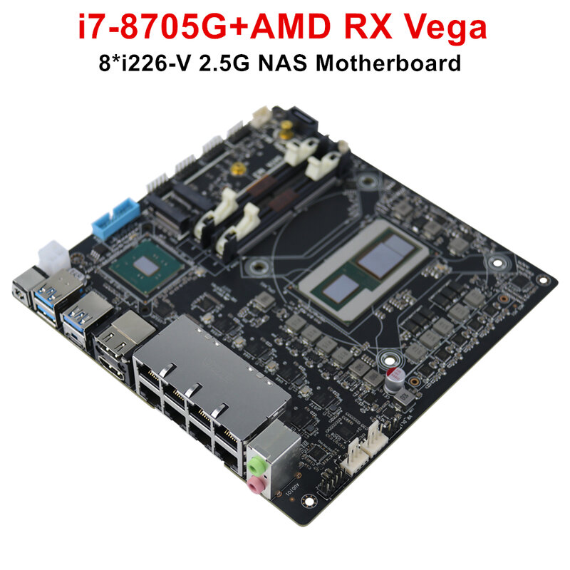 Placa-mãe NAS poderosa, roteador firewall, Intel i7-8705G, gráficos discretos, AMD Radeon, RX Vega M, 4GB, 2 * DDR4, 17x17x17, 8*2.5G, i226