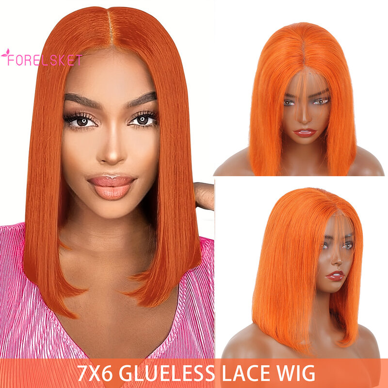 FORELSKET Ginger Orange Bob Wig Human Hair 7x6 Glueless Lace Bob Wigs for Women Pre Plucked Straight Human Hair Short Bob Wigs