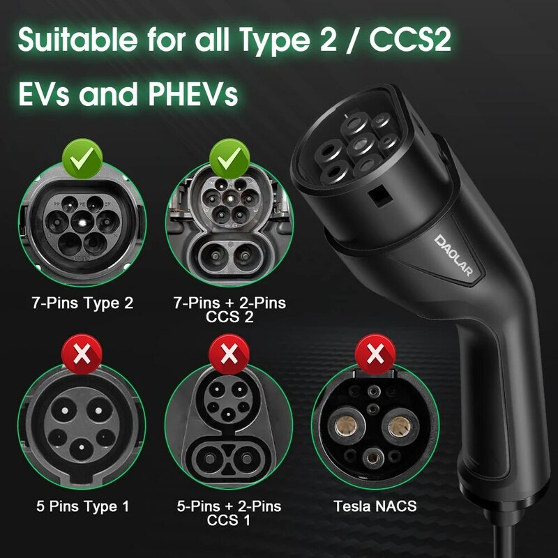 다올라 타입 2 EV 충전 케이블, 슈코 2 핀 플러그, EV 및 PHEV용 휴대용 전기 자동차 충전기, 3.5KW 16A