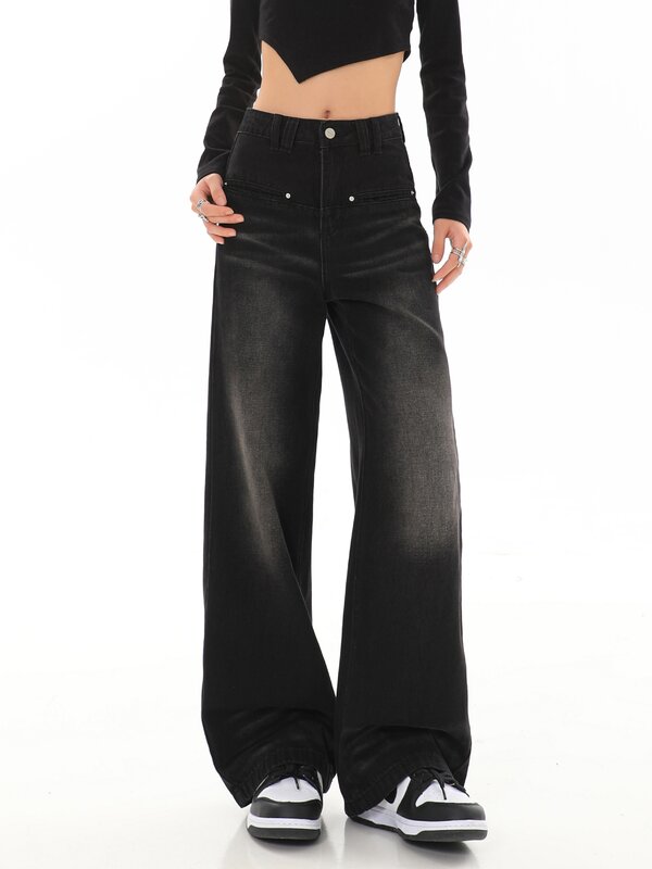 جينز فضفاض عالي الخصر للنساء ، بطول كامل مستقيم ، جينز واسع الساق ، ملابس الشارع الكلاسيكية ، الموضة ، جديد ،