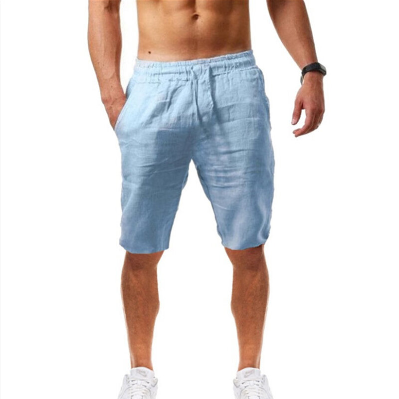 Pantalones cortos informales con bolsillos para hombre, Bermudas de algodón y lino con botones para culturismo, para primavera y verano