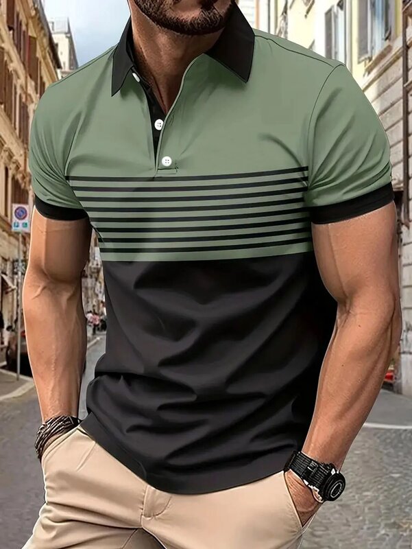 เสื้อโปโลแขนสั้นคอปกสีบล็อกลำลองของผู้ชายสำหรับฤดูร้อนเสื้อกอล์ฟขนาดยุโรป