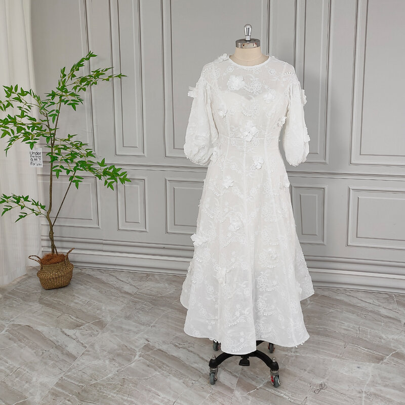 13967#Simple Appliques Lace Wedding Dress For Plus Size Women Modern Zipper Puffy Sleeve Bridal Gown Evening Dress فستان المساء