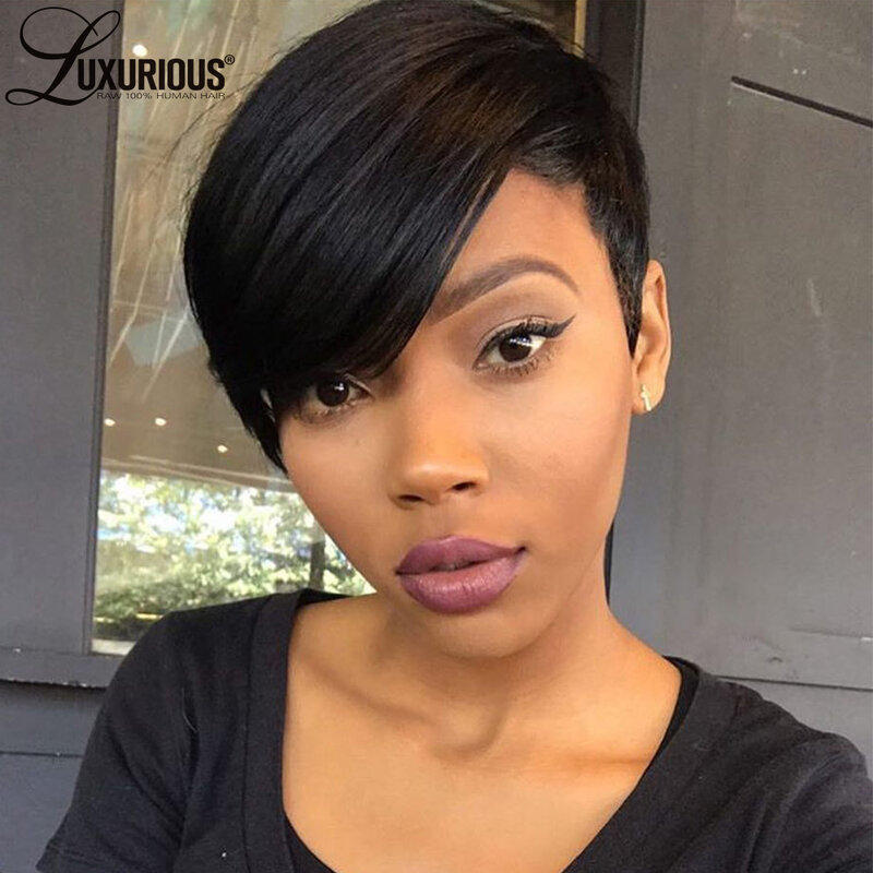 Pre Plucked Glueless Short Pixie Cut Wigs For Black Women Straight Natural Machine Made Wig Brazilian Virgin Remy Human Hair Wig