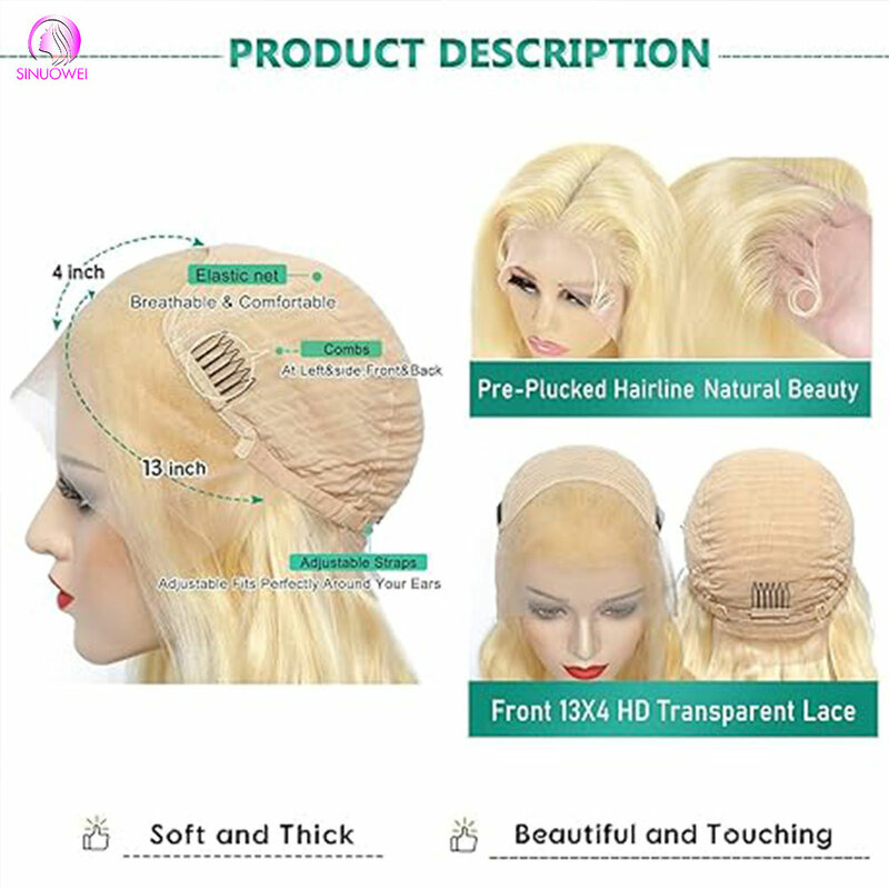 Perruque Lace Front Wig Body Wave brésilienne Remy naturelle, blond 13x6, 13x4, pre-plucked, 613 de densité, pour femmes, 180%