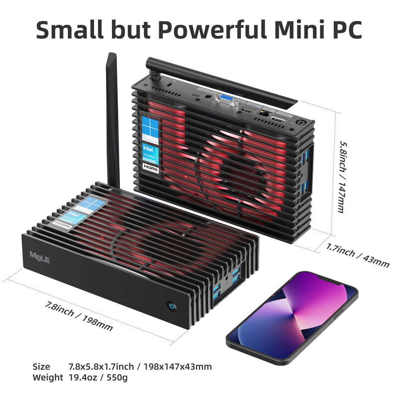 MeLE-Mini Computador Fanless, PC Industrial, Celeron N5105, 8G, 128G, Windows 11, HDR, PC Desktop, HDMI, 4K, VGA, SSD, HDD, Tipo C, wi-Fi, 6