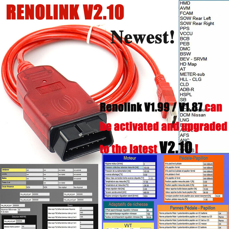 Programador Renolink V2.10 ECU, Air-bag Reset, Atualização RenoLink 1,99, Ferramenta de diagnóstico OBD2, Programador chave UCH ECM, Mais novo