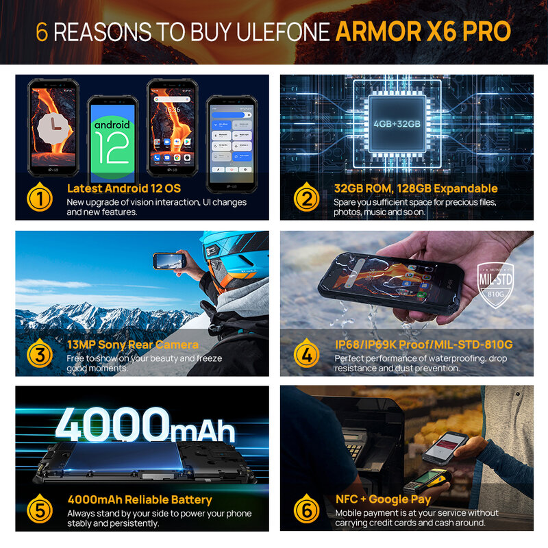 Ulefone Armor X6 Pro Android 12 Rugged Smartphone 128GB Expansion NFC Mobile Phone 13MP Camera 4000mAh Cell Phone Global version