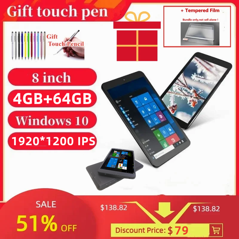 8 INCH Plus Windows 10 Tablets PC 1920*1200 IPS Quad Core 4GB RAM 64GB ROM 64-bit Free OTG Adapter Gift Dual Camera