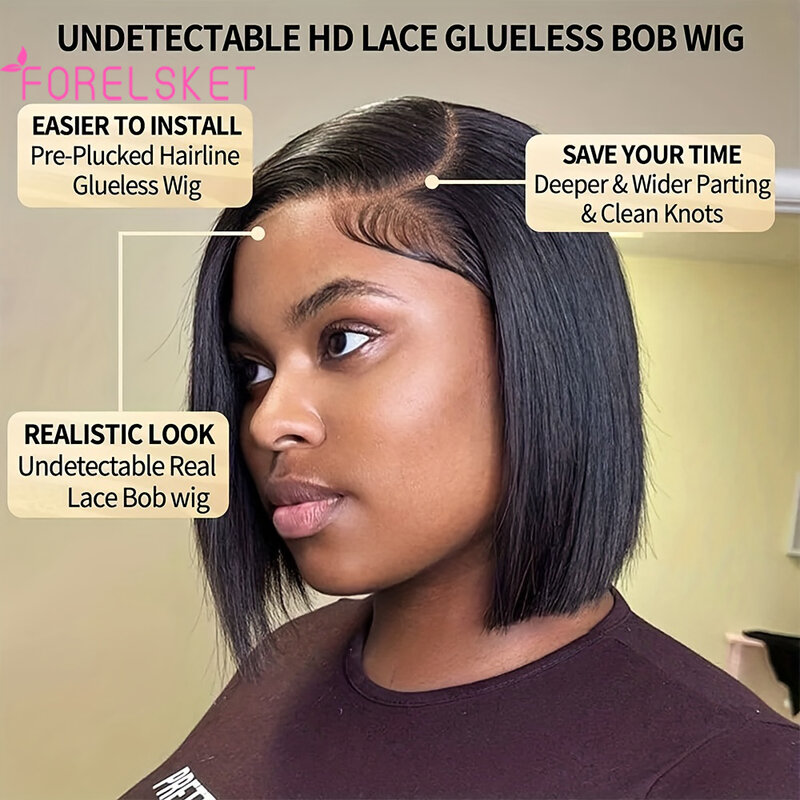 Wig Go Glueless ketebalan 150% rambut manusia Remy Wig Bob lurus Brasil untuk wanita Bagian T 13*5*1 rambut alami renda Frontal