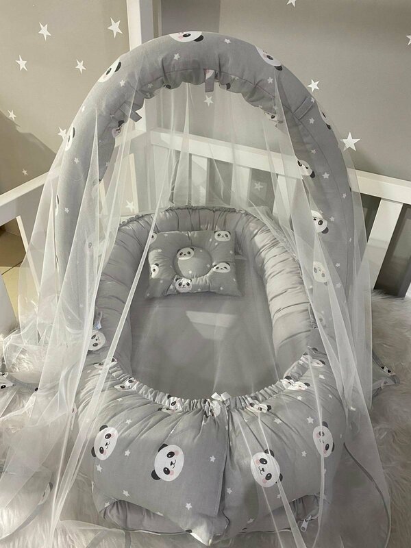 Handmade Gray Panda Mosquito Net e Toy Hanger, Design de luxo, Babynest