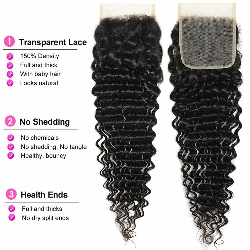 Deep Wave Bundles With Closure Brazilian Virgin Human Hair 3 Bundles With 4x4 Lace Closure for Black Women Natural Color 30 inch