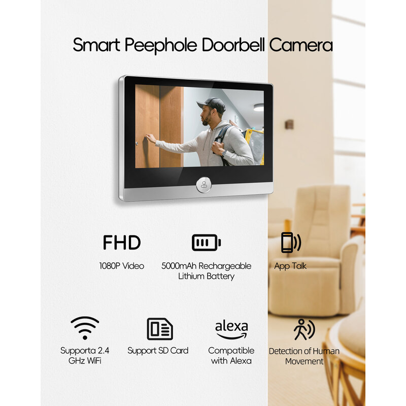 Jeatone Alexa Tuya Smart WiFi Video Peephole 1080P/158° Doorbell Camera For Home 4.3" LCD Screen 24H PIR Movement Detection Eye