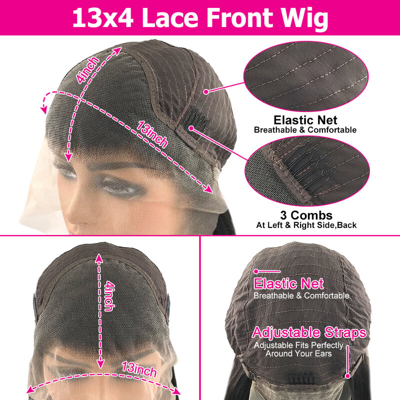 Perucas de cabelo humano para mulheres, peruca de renda transparente HD, frontal com franja, cor preta natural 13x4, densidade 180%