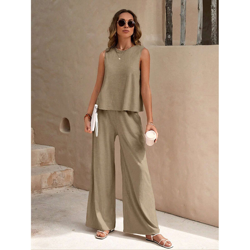 Summer New Women's Suit Solid Color Chiffon Sleeveless Top And Pants Set Light Breathable Loose Comfortable Sexy Elegant S-XL
