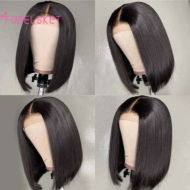 Perruque Bob Lace Front Wig sans colle naturelle, cheveux courts lisses, 4x4, pre-plucked, pour femmes