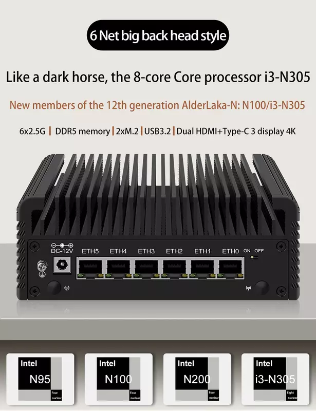 Mini routeur de stockage Nvme, appareil pare-feu, Intel i3, N305, 6 ports Ethernet Intel I226, DDR5, 4800MHz, 2,5 GbE, TPM2.0, AES-Ni ESghts