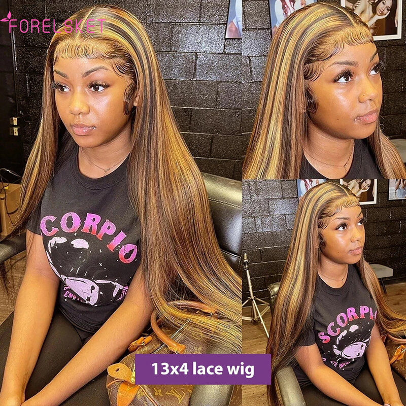 Osso Straight Lace Front Wig para mulheres, perucas de cabelo humano, fechamento de renda transparente, pré arrancado, barato, P4 27 Highlight, 13x4