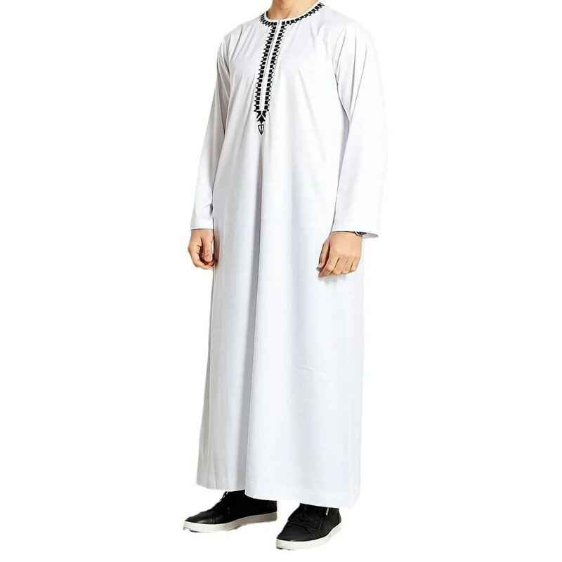 Gaun Dubai jubah pria Muslim polos baru musim panas lengan pendek bordir gaya etis Arab pria pakaian Islami Timur Tengah