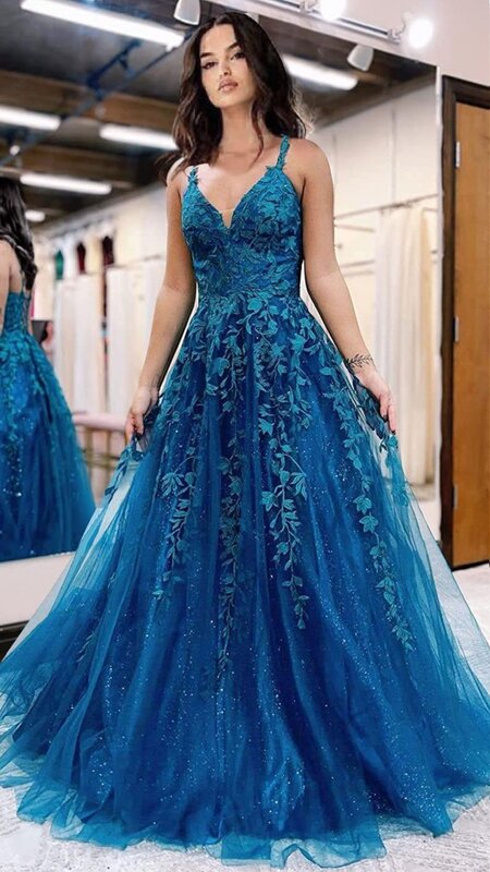 Women Evening Gown Dress Lace Embroid Prom Dress 2024 Blue Corset Back Vestidos Sleeveless Tulle A-line