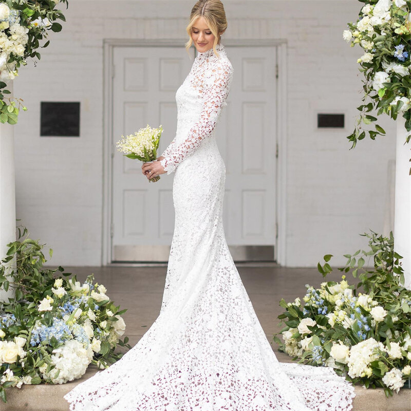 20072# Eleagnt Long Sleeves High Neck Mermaid Appliques Lace Wedding Dress For Women Backless Bridal Gown With Long Train
