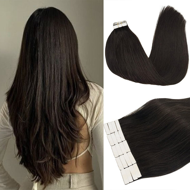Лента для наращивания волос, человеческие волосы, черные женские прямые искусственные волосы, натуральный черный цвет