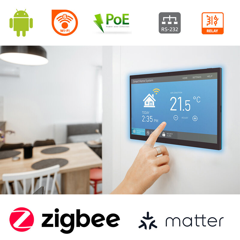 Pannello di controllo smart home touch screen android da 15.6 pollici, wifi 6, RJ45, PoE, protocollo Zigbee/Matter, relè, RS232, RS485, Type-C