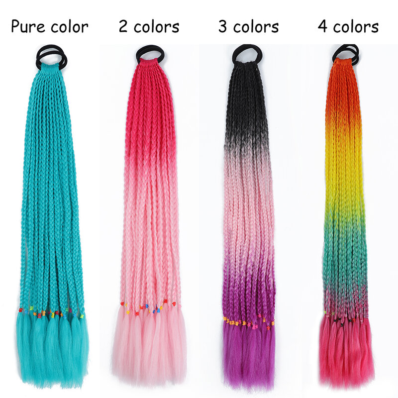 AZQUEEN ekstensi rambut poni sintetis untuk anak wanita, ekstensi rambut poni kepang panjang warna-warni gradien dengan tali karet