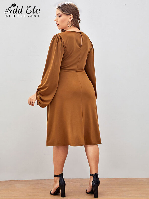 Элегантное осеннее женское платье 2022, однотонное женское платье средней длины со складками и V-образным вырезом, свободное офисное платье с длинным рукавом, модель B167