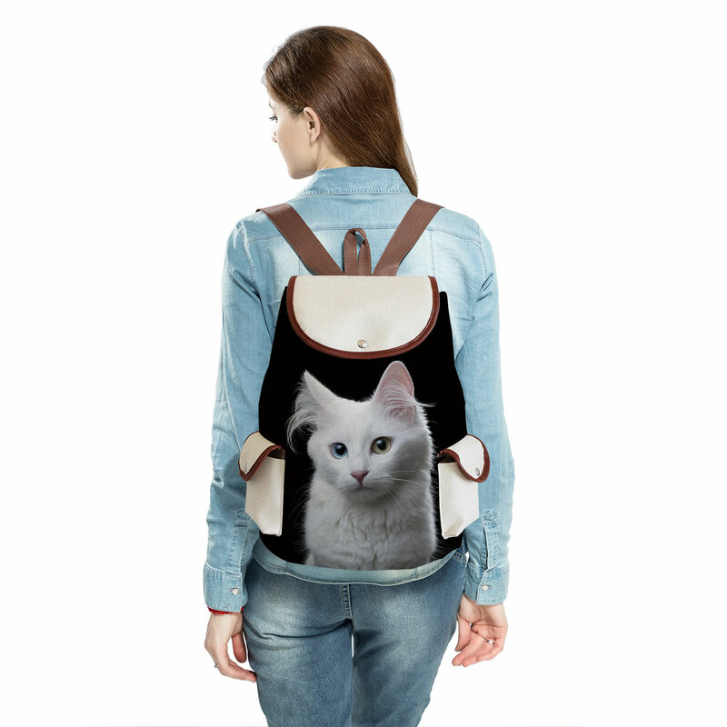 Вместительный рюкзак для женщин с принтом кошек и собак, льняной ранец на шнурке для подростков, повседневная черная крутая школьная сумка с животными для подростков