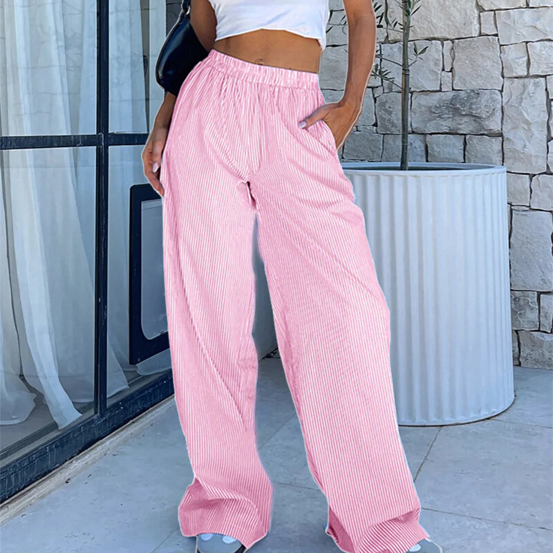 Women Y2k Striped Print Pants Elastic Mid Waist Lounge Pants with Pockets Loose Straight Long Trousers Streetwear Women Clothes