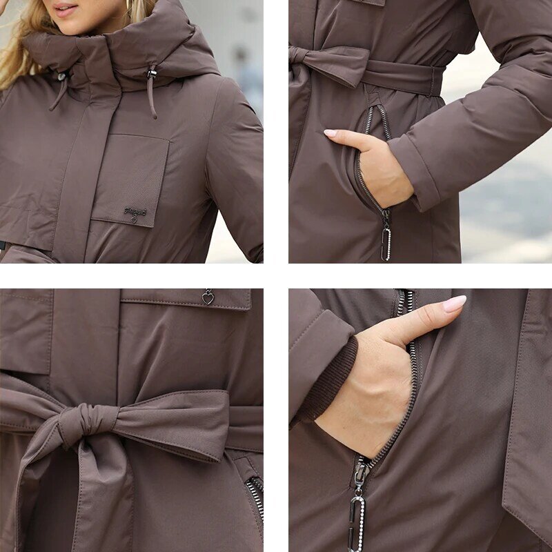 Gasmam inverno para baixo jaqueta feminina quente longo clássico zíper lacing design bolso com capuz fino parkas casaco feminino GM-82160