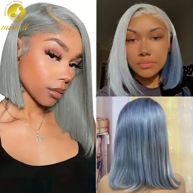 Gray Straigt Bob Human Hair Wigs 180% Density 13x4 Transparent Lace Frontal Short Wigs for Women Brazilan PrePlucked Remy Hair