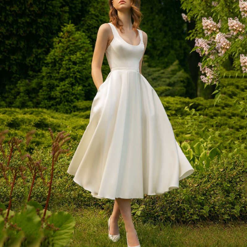 シンプルなミッドカーフウェディングドレス、スクープネック、タンク花嫁のガウン、Aライン、エレガントなブライダルドレス