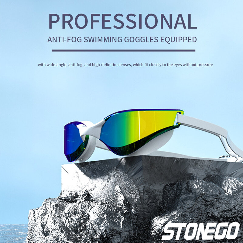 Gafas de natación antivaho profesionales con lente gran angular HD, ajuste cómodo, puente nasal ajustable, diseño elegante