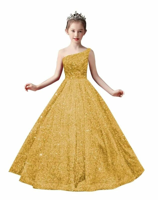 Girls One Shoulder Sparkle Sequins Tulle Flower Girl Dresses Simple Party Gown Dresses With Bow Knot Kids Formal Wear Gowns