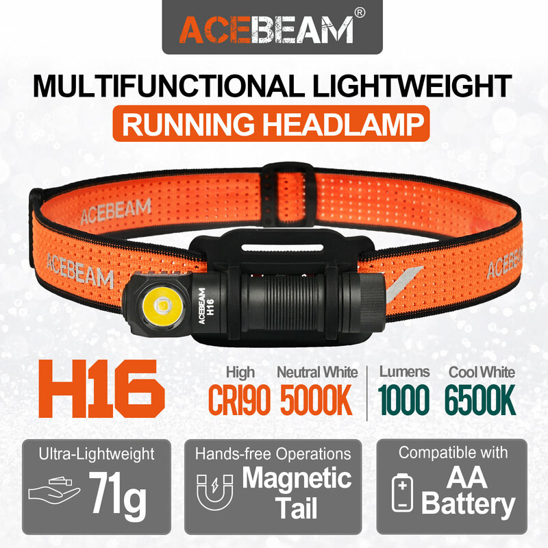 Acebeam H16 Super Lichtgewicht Aa Led Rechte Hoek Licht Edc Zaklamp, 5000K Cri 90/6500K 1000 Lumen