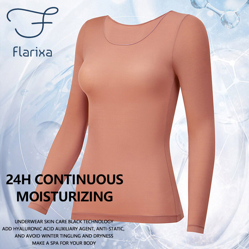 Flarixa Pakaian Dalam Termal Wanita Mulus Kaus Bottoming Elastisitas Tinggi 37 ° Suhu Konstan Atasan Hangat Lingerie Termo Tipis