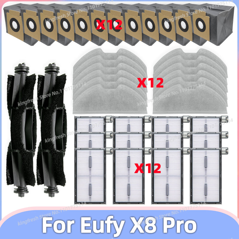 Compatible avec les pièces de rechange et accessoires pour aspirateur robot Eufy X8 Pro SES - rouleau principal, brosse, filtre HEPA, chiffon de vadrouille, sac à poussière