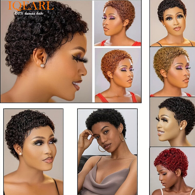 Curto encaracolado perucas de cabelo humano para mulheres, Afro Kinky Wig, loira Pixie corte com Franja, 4 em, # 1B #2 #27