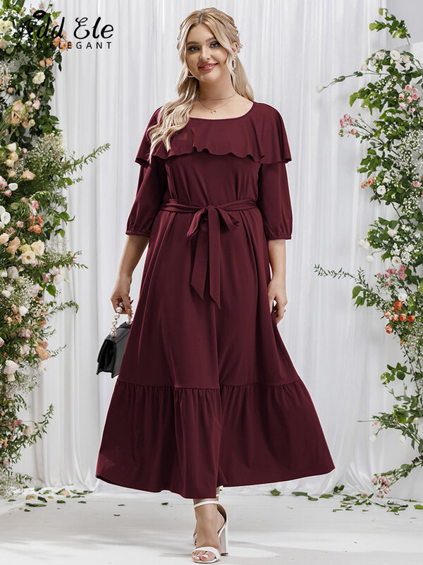 Add Elegant 2022 Autumn Plus Size Dresses for Women Ruffles O Neck Waist Strap Half Sleeve Female Gentle Sweet Midi Dress B542