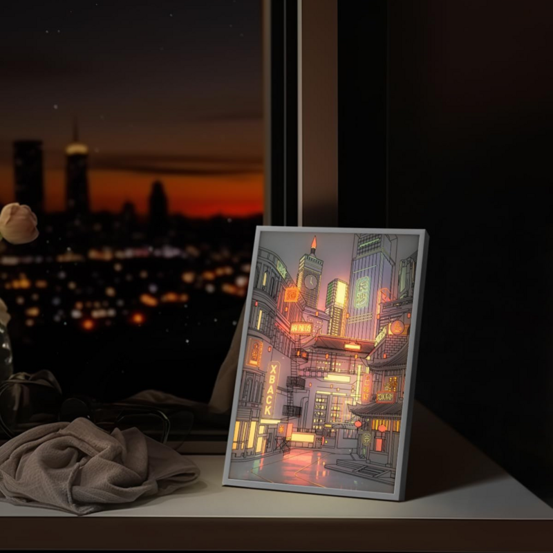 애니메이션 LED 아름다운 도시 야경 조명 그림, HD 그림 좁은 베젤, USB 플러그 디밍, 로맨틱 홈 장식, 야간 램프
