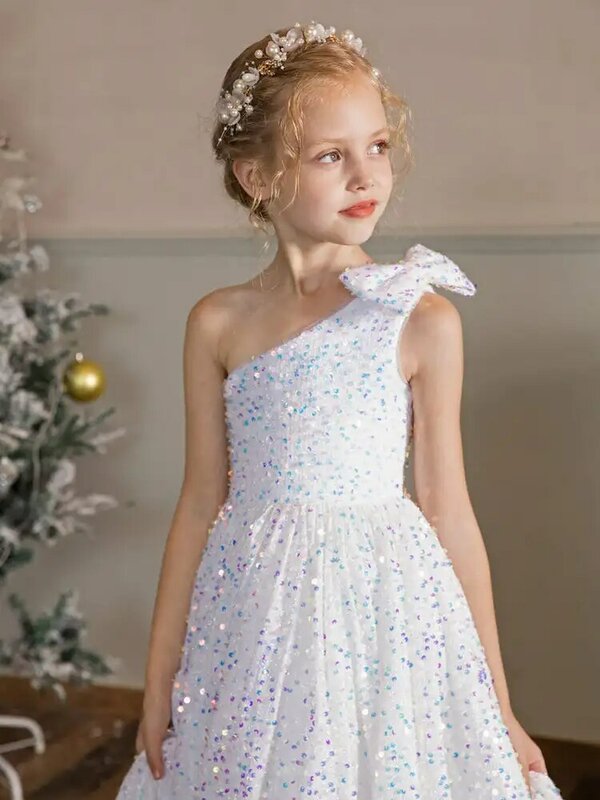 One-Shoulder Velvet Sequins Sleeveless Flower Girl Dresses With Bowknot A-Line Floor-Length Shining Kids Princess Party Gowns