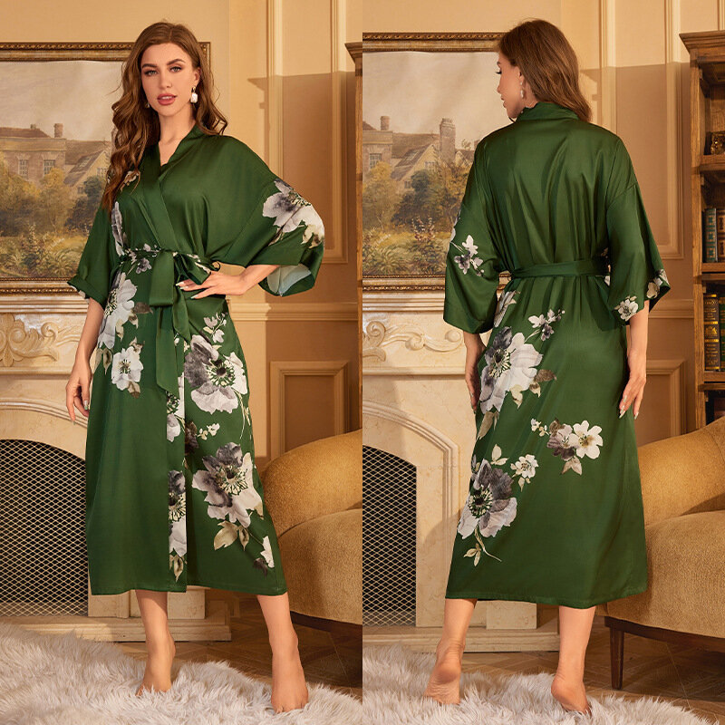 Plus Size Pajamas Satin Nightgowns Luxury Ice Silk Floral Print Robe Bathrobe Homewear Pajamas for Women