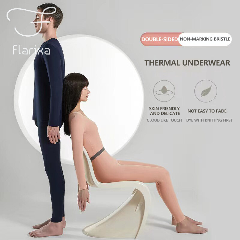 Flarixa Set Pakaian Dalam Termal Pasangan Mulus Pakaian Wanita Lingerie Termo Pria Musim Dingin Setelan Hangat Celana Ketat Long Johns