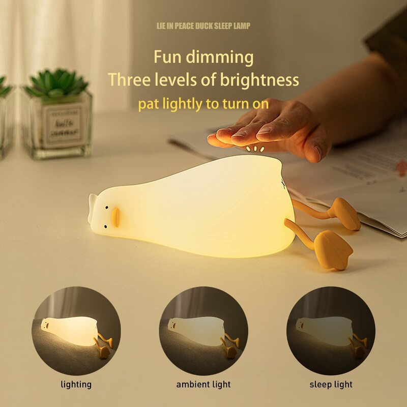 Lying Flat Duck Night Light, LED Squishy Duck Lamp, Cute Light Up Duck, Silicone Dimmable  Nightlight, Rechargeable Bedside